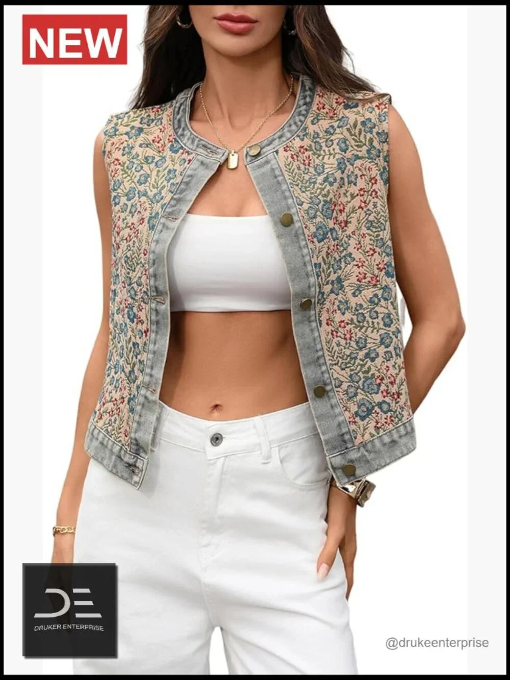 Floral Denim Vest Sleeveless Jean Jacket Button Down Embroidered Waistcoat
